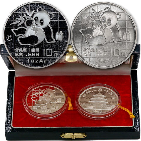 1989 & 1989-P Proof/Unc China 10 Yuan Silver Panda 1 oz .999 - Gem Proof & Unc in Box with COA