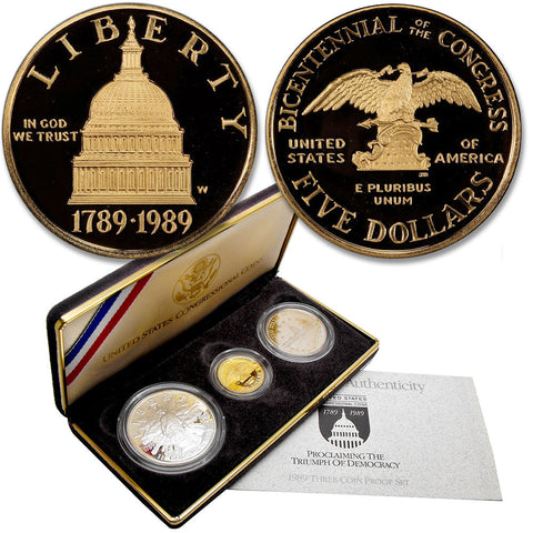 1989 3-Coin Congress Commemorative Set 50¢, $1, $5 - Gem Proof in OGP w/CoA
