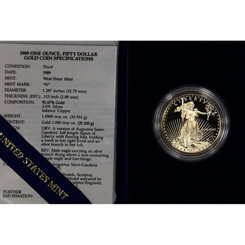 1989-W $50 Proof Gold American Eagles in OGP w/COA (1 Toz Net Pure Gold)