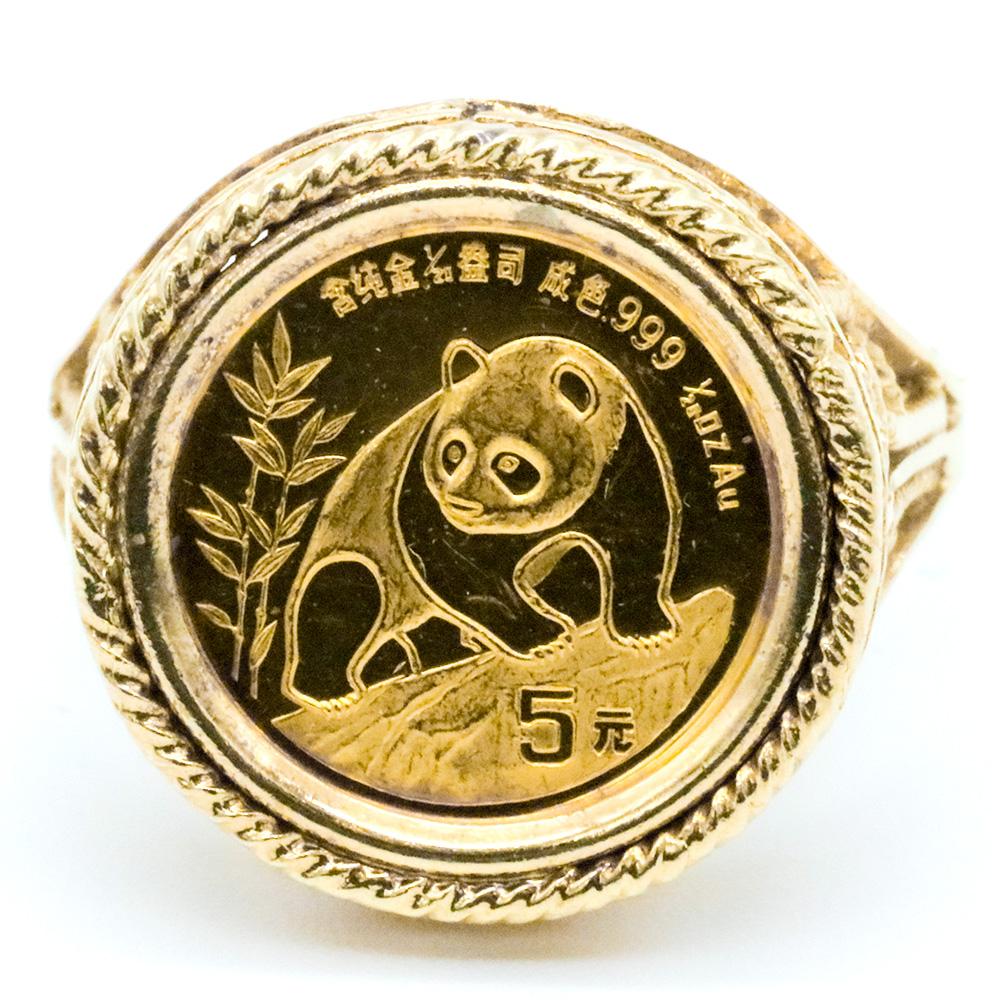 14K Gold Ring with 1990 5 Yuan 1/20th Ounce Gold Panda KM.268 - Size 7