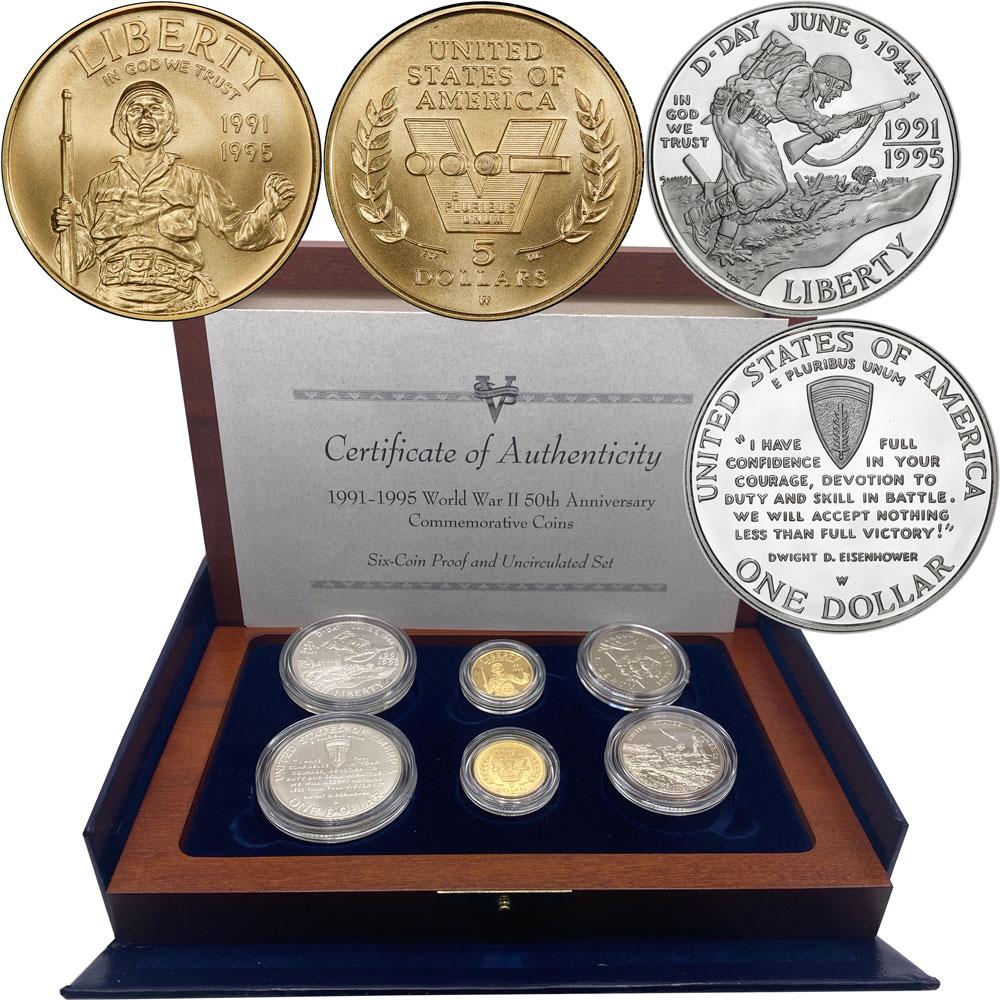 1991-1995 World War II Commemorative 6-Coin Gold & Silver Set - Gem in