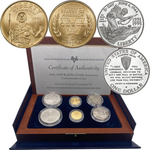 1991-1995 World War II Commemorative 6-Coin Gold & Silver Set - Gem in OGP w/ COA
