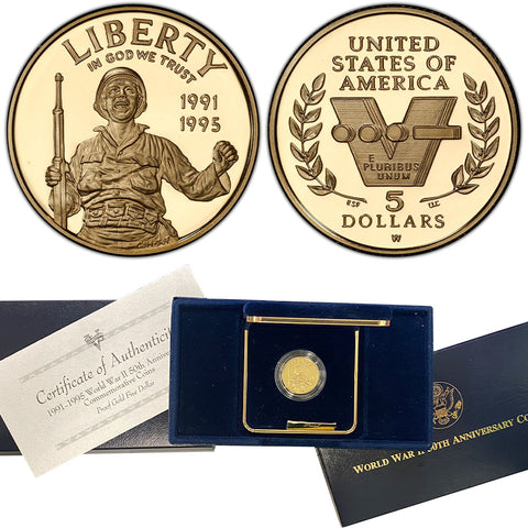 Proof 1991-1995 World War II $5 Gold Commemorative - Gem Proof in OGP w/ COA