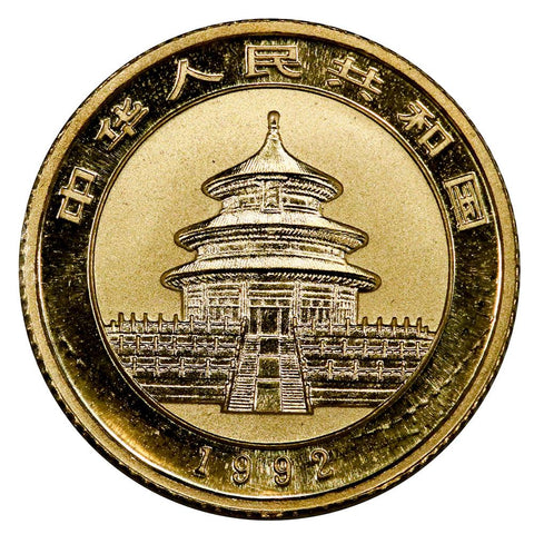 1992 China 10 Yuan 1/10 oz Gold Panda - Gem Uncirculated in Mint Plastic