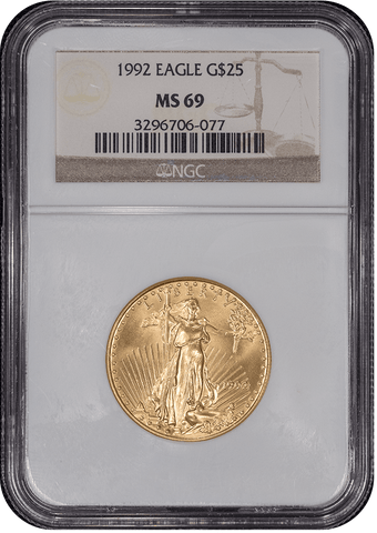 1992 $25 American Gold Eagle (Tougher Year) - 1/2 oz Net Pure Gold - NGC MS 69