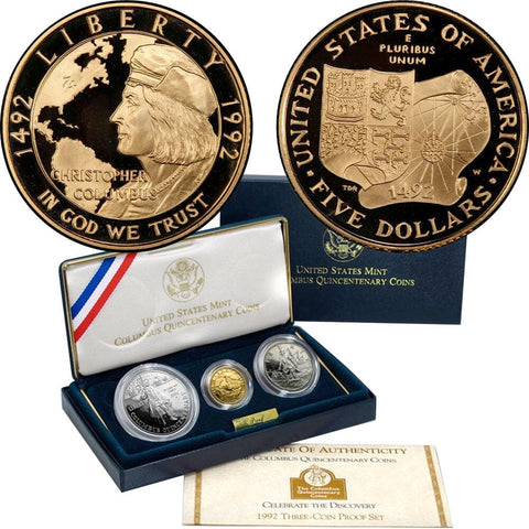 1992-W Proof Columbus Quincentenary $5 Gold, $1 Silver, 50¢ Clad - Gem in OGP w/ COA