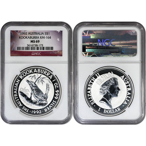 1992 Australia $1 Silver 1 oz. Kookaburra KM.164- NGC MS 69