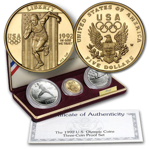 3-Coin 1992 Olympics Gold, Silver & Clad $5, $1, 50¢ Commemorative Proof Set