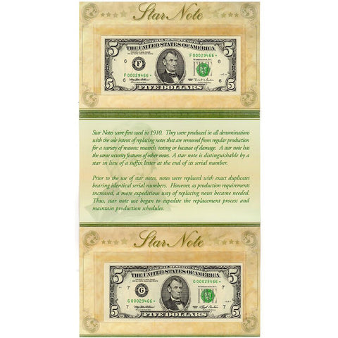 Pair of 1993 & 1995 $5 Federal Reserve Star Notes With Matching Serials - Gem Uncirculated