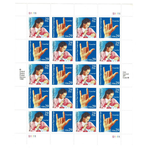 1993 29c Scott #2783-2784 American Sign Language Sheet (20) - MNH