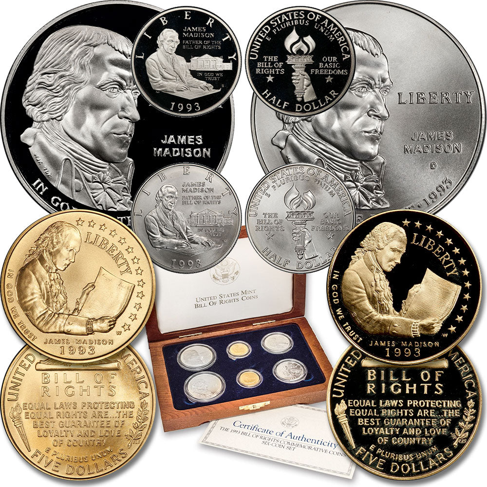 6-Coin 1993 Madison/Bill of Rights Commemorative Set - Gem Unc/Proof i