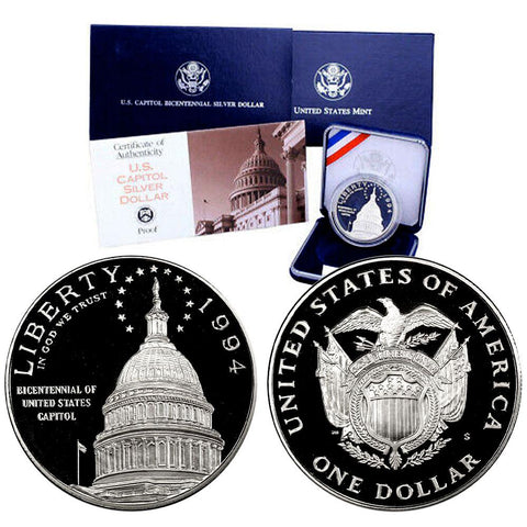 1994-S Capitol Bicentennial Proof Commemorative Silver Dollar in OGP w/ COA