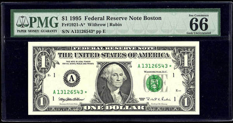 1995 $1 Boston Federal Reserve Star Note Fr. 1921-A* - PMG Gem Uncirculated 66 EPQ