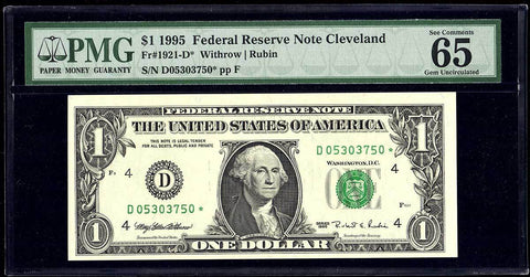 1995 $1 Cleveland Federal Reserve Star Note Fr. 1921-D* - PMG Gem Uncirculated 65 EPQ
