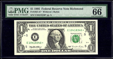1995 $1 Richmond Federal Reserve Star Note Fr. 1921-E* - PMG Gem Uncirculated 66 EPQ