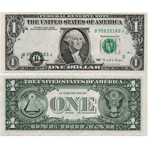 1995 $1 New York Federal Reserve Note - Off-Center District Overprint - Choice AU