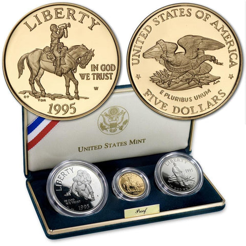 1995 3-Coin Civil War Proof Commemorative Set ($5 Gold, $1 Silver, 50¢ Clad Half) in OGP