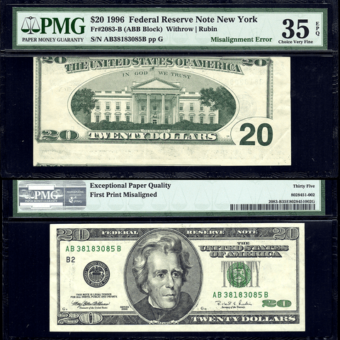 1996 $20 Federal Reserve Note New York District - Misaligned 1st Printing - PMG VF 35