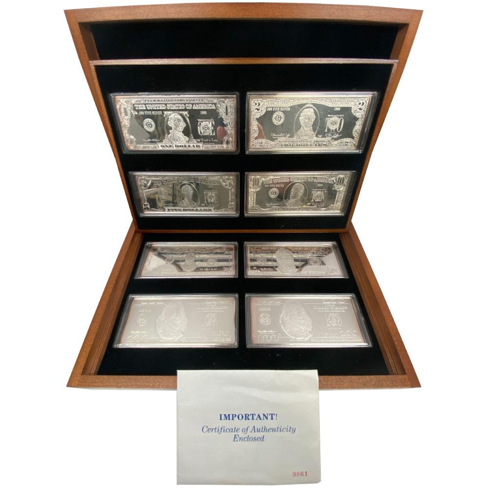 Washington Mint 32 Troy Ounce .999 Silver 8 Bar Denomination Set - In  Deluxe Wooden Box w/ COAs