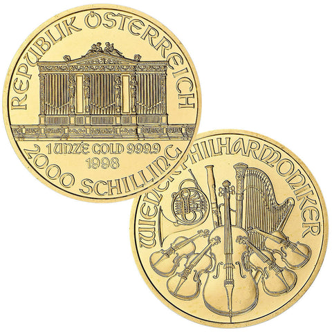 1998 Austria 1 Ounce Gold Philharmonic Coins - Brilliant Uncirculated