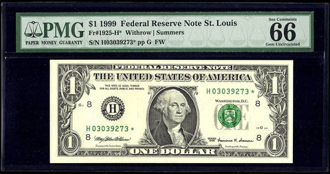 1999 $1 St. Louis Federal Reserve Star Note Fr. 1925-H* - PMG Gem Uncirculated 66 EPQ