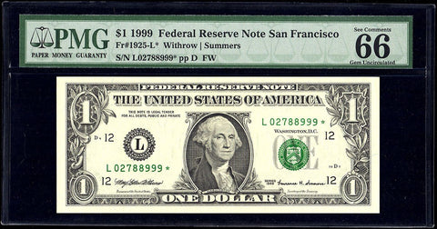 1999 $1 San Francisco Federal Reserve Star Note Fr. 1925-L* - PMG Gem Uncirculated 66 EPQ