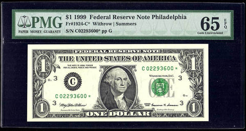 1999 $1 Philadelphia Federal Reserve Star Note Fr. 1924-C* - PMG Gem Unc 65 EPQ