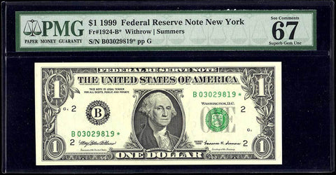 1999 $1 New York Federal Reserve Star Note Fr. 1924-B* - PMG Superb Gem Unc 67 EPQ