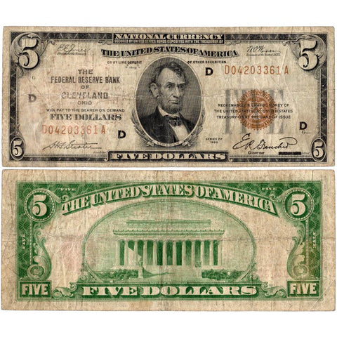 1929 $5 Cleveland Federal Reserve Bank Note Fr.1850-D- Fine