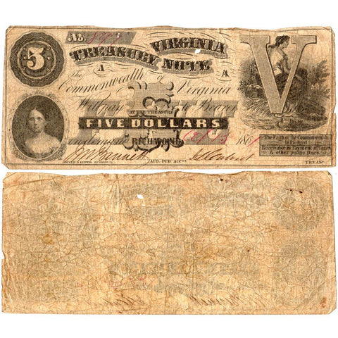 1861 $5 Virginia Treasury Note Cr.5 - Very Good