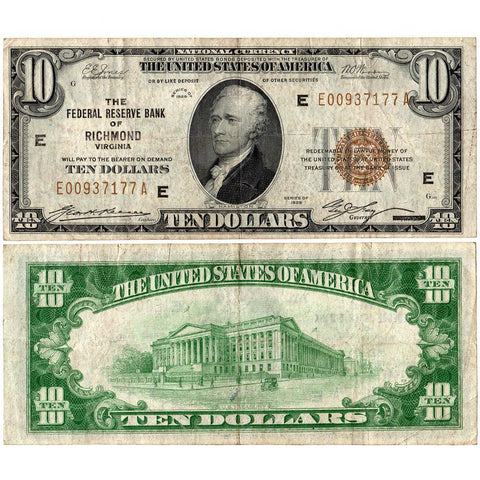 1929 $10 Richmond Federal Reserve Bank Note Fr.1860-E - Very Fine