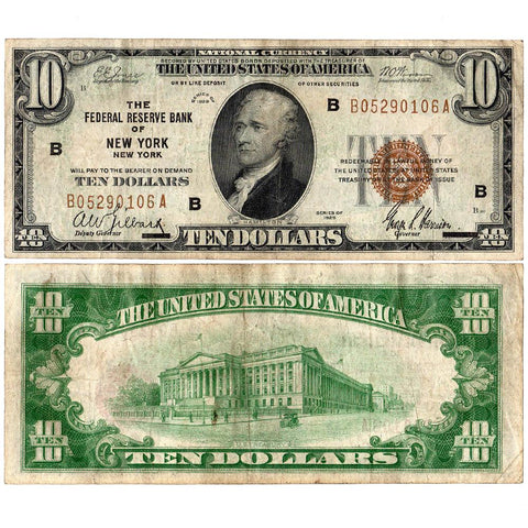1929 $10 Federal Reserve Bank of New York Note Fr. 1860-B - Very Fine