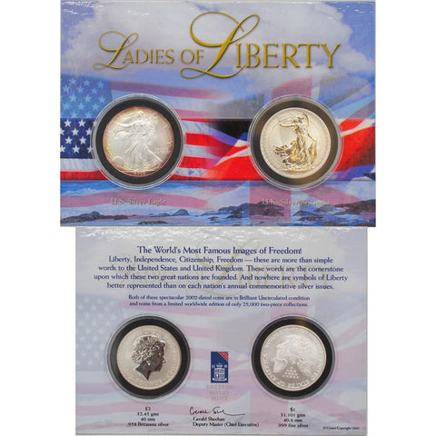 2002 Ladies of Liberty US & UK Silver Dollar Set w. Card Holder