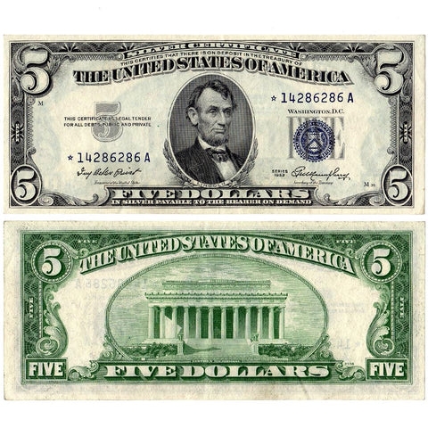 1953 $5 Silver Certificate Star Note Fr. 1655* - About Uncirculated