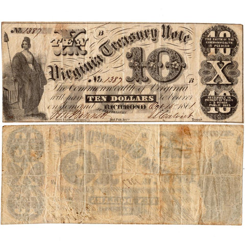 1861 $10 Virginia Treasury Note Cr. #4 - Very Fine