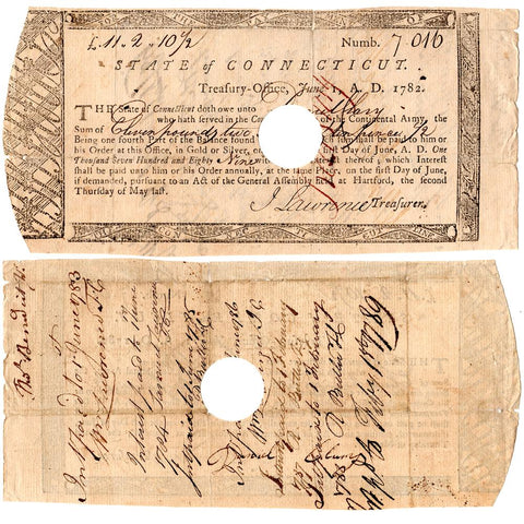 1782 Continental Army Connecticut Payment Certificate