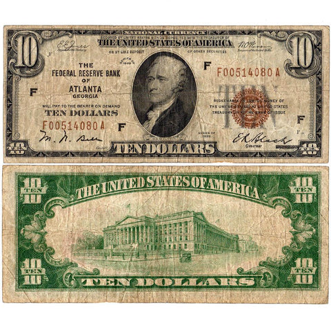 1929 $10 Federal Reserve Bank of Atlanta Note Fr. 1860-F - Very Fine