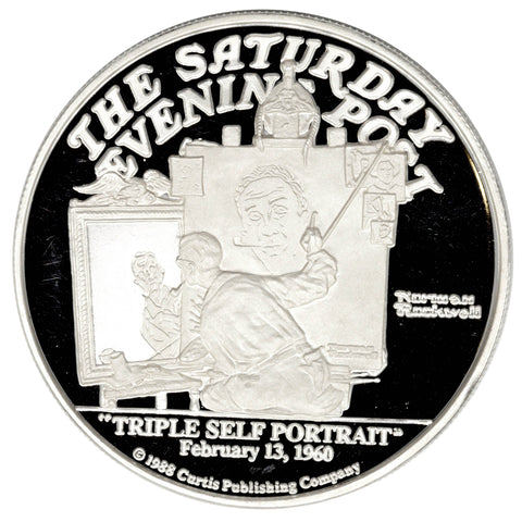 1988 Proof Norman Rockwell Saturday Evening Post "Triple Self Portrait" 2 oz. Silver Round