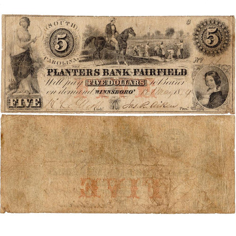 1854 Planters Bank of Fairfield South Carolina Five Dollar Note - Fine