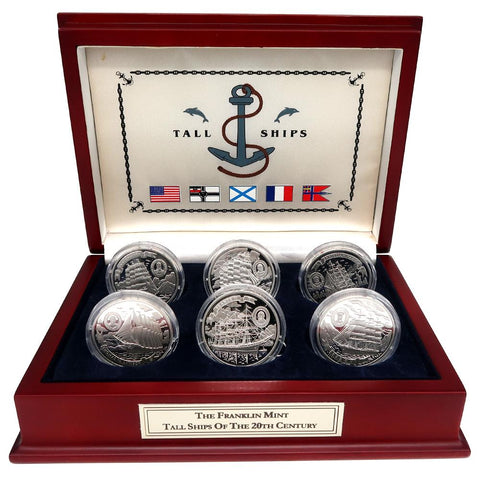 The Franklin Mint Tall Ships Of The 20th Century Six Silver Coin Set w/ Deluxe Franklin Mint Display Case