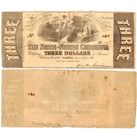 1863 $3 State of North Carolina Note - Cr. 125 - Apparent Very Fine