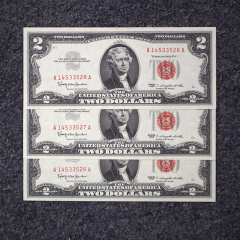 3 Consecutive 1963 $2 Red Seal Legal Tender Notes - Uncirculated