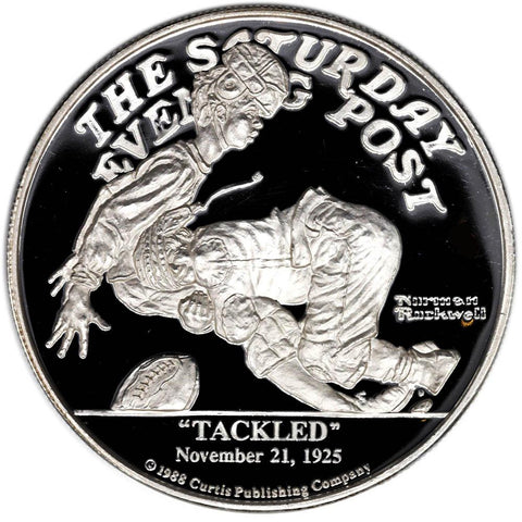 1988 Proof Norman Rockwell Saturday Evening Post "Tackled" 2 oz. Silver Round