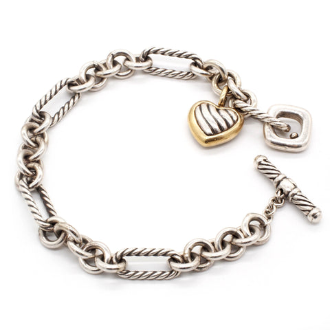David Yurman Sterling Silver & 18K Gold Figaro Cable & Heart Charm Bracelet