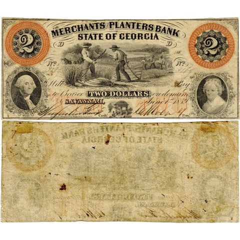 1859 $2 Merchants & Planters Bank Savannah, GA GA-315-G4c - Fine