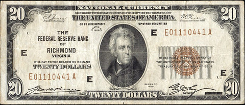 1929 $5 - $10 - $20 Federal Reserve National Bank Notes ~ Fine or Better
