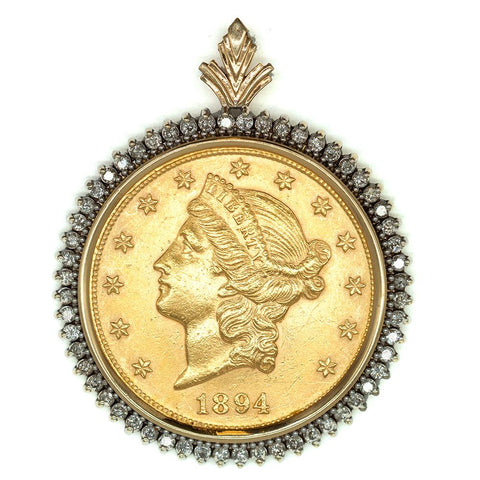 1896 $20 Liberty Double Eagle Gold Coin in 14K Gold & Diamond Bezel - About Uncirculated