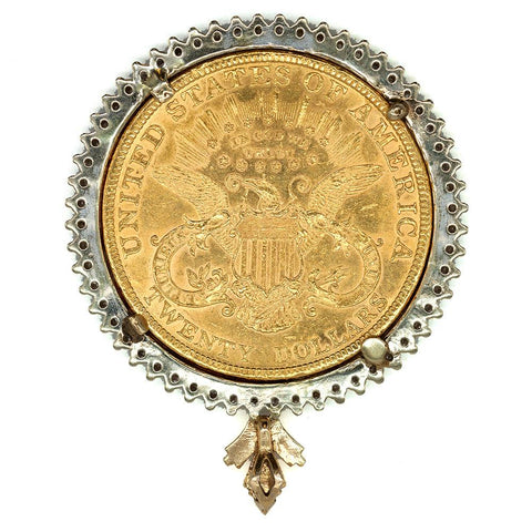 1896 $20 Liberty Double Eagle Gold Coin in 14K Gold & Diamond Bezel - About Uncirculated