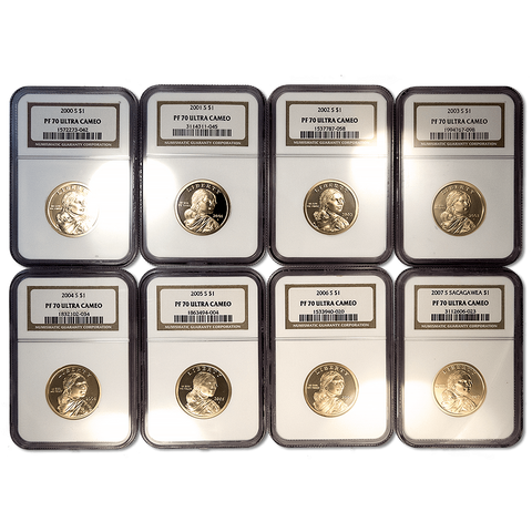 2000-S to 2007-S Sacagawea Dollar 8-Coin Sets - NGC PF 70 Ultra Cameo