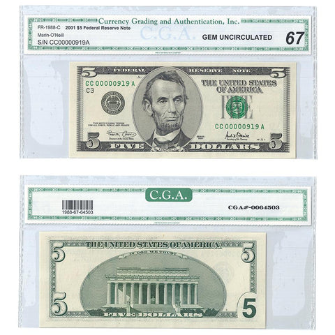 2001 $5 Federal Reserve Note Philadelphia District - Low Serial 00000919 - CGA 67